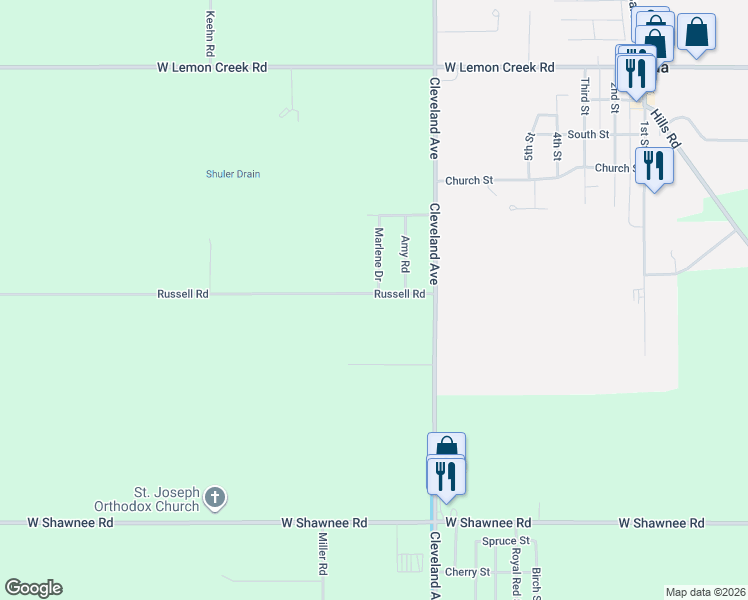 map of restaurants, bars, coffee shops, grocery stores, and more near 1811 Russell Road in Baroda