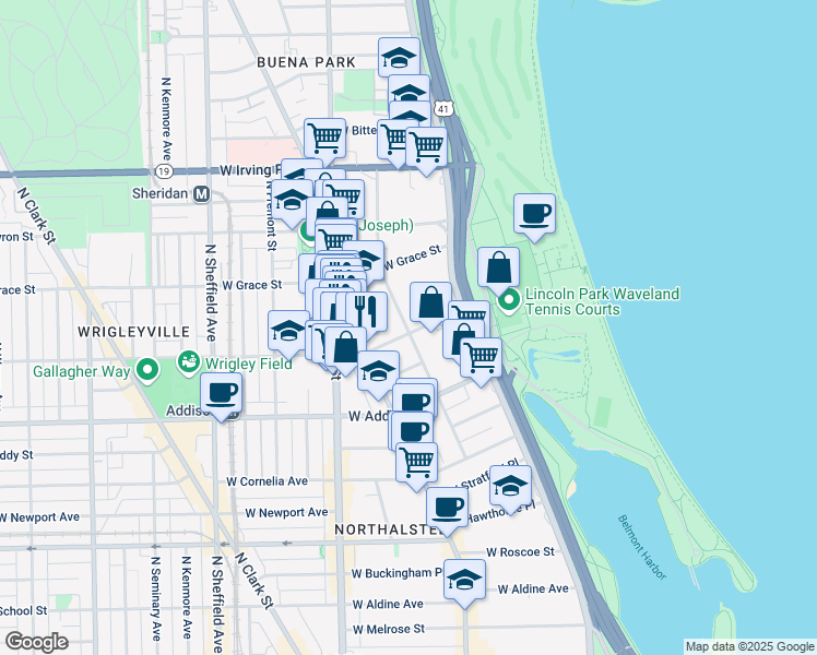 map of restaurants, bars, coffee shops, grocery stores, and more near 3717 North Pine Grove Avenue in Chicago