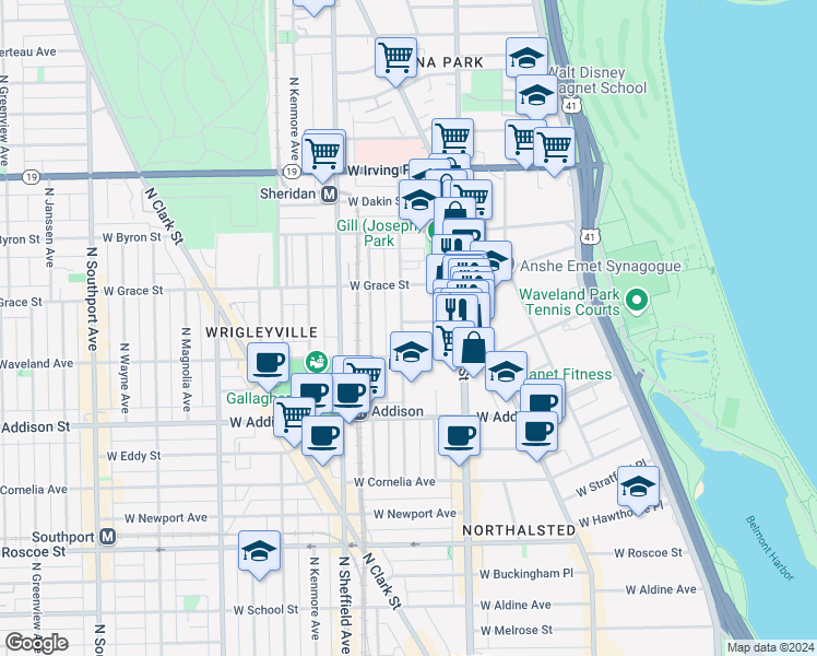 map of restaurants, bars, coffee shops, grocery stores, and more near 830 West Bradley Place in Chicago