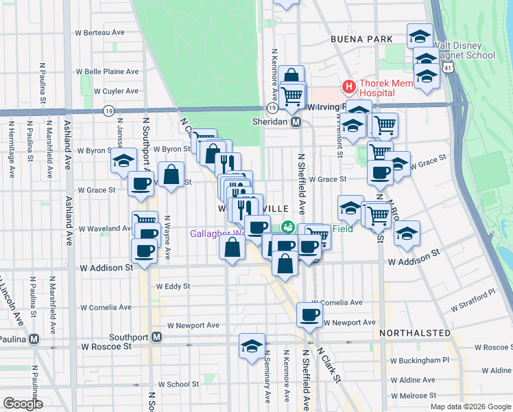 map of restaurants, bars, coffee shops, grocery stores, and more near 3749 North Clifton Avenue in Chicago
