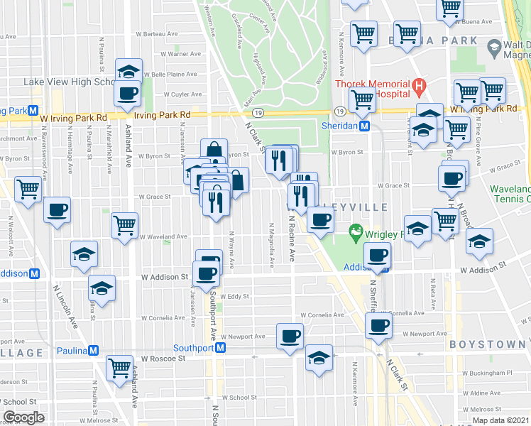 map of restaurants, bars, coffee shops, grocery stores, and more near 3751 North Lakewood Avenue in Chicago
