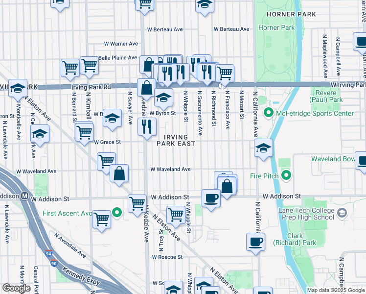 map of restaurants, bars, coffee shops, grocery stores, and more near 3046 West Grace Street in Chicago