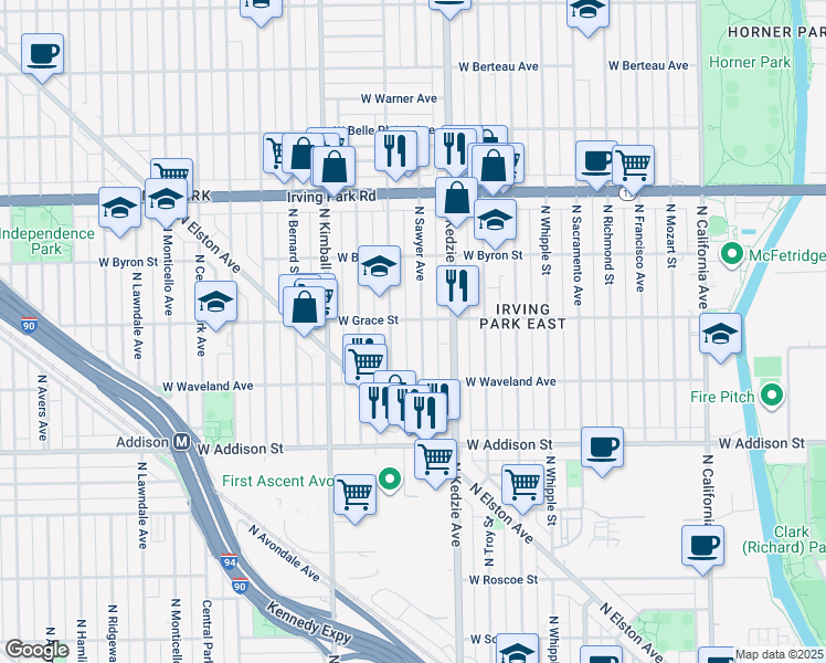 map of restaurants, bars, coffee shops, grocery stores, and more near 3804 North Sawyer Avenue in Chicago