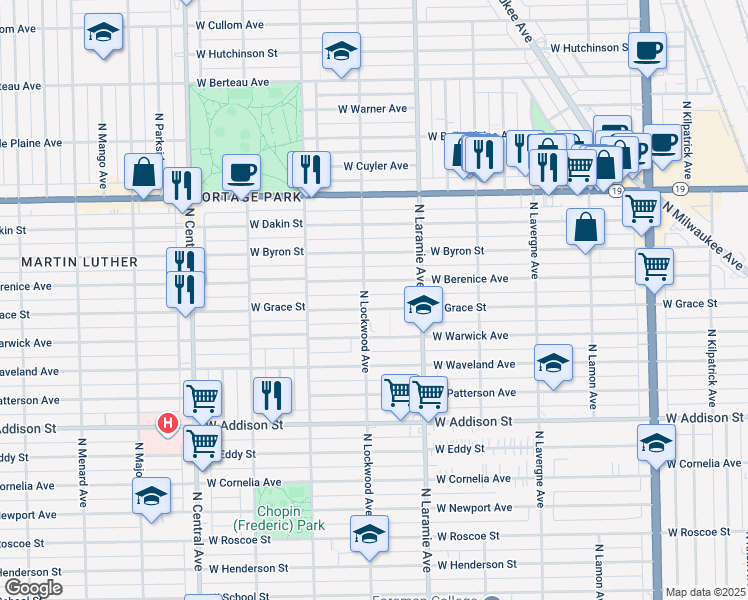 map of restaurants, bars, coffee shops, grocery stores, and more near 5249 West Berenice Avenue in Chicago