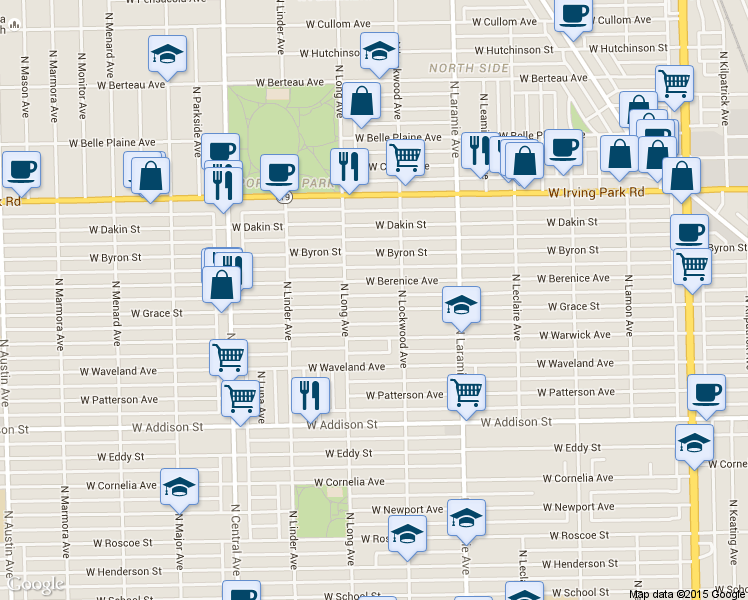 map of restaurants, bars, coffee shops, grocery stores, and more near 5319 West Berenice Avenue in Chicago
