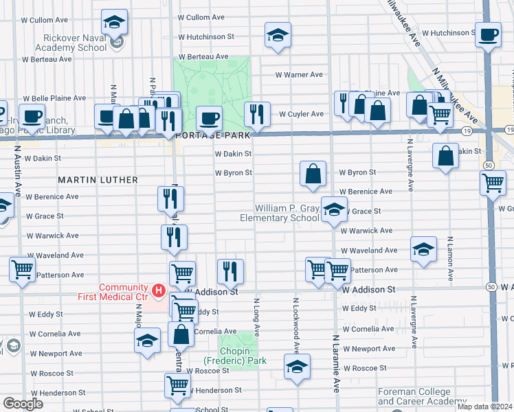 map of restaurants, bars, coffee shops, grocery stores, and more near 3824 North Long Avenue in Chicago