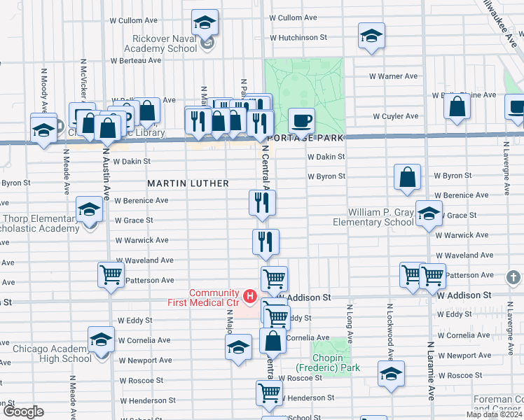map of restaurants, bars, coffee shops, grocery stores, and more near 3833 North Central Avenue in Chicago