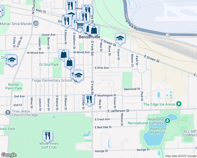 map of restaurants, bars, coffee shops, grocery stores, and more near 9 East Memorial Road in Bensenville