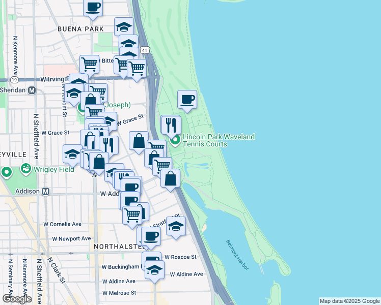 map of restaurants, bars, coffee shops, grocery stores, and more near West Addison Drive in Chicago