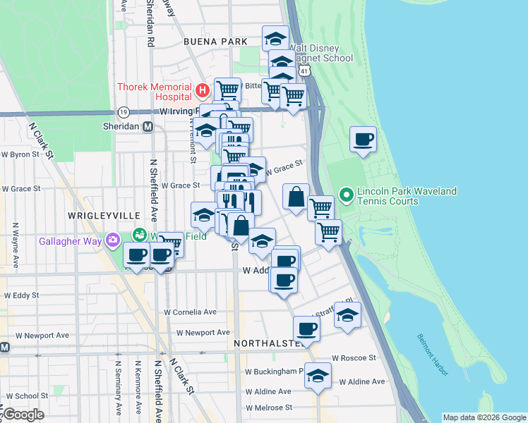 map of restaurants, bars, coffee shops, grocery stores, and more near 720 West Waveland Avenue in Chicago