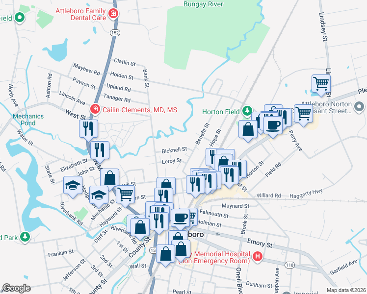 map of restaurants, bars, coffee shops, grocery stores, and more near 40 Bicknell Street in Attleboro