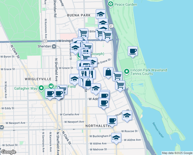 map of restaurants, bars, coffee shops, grocery stores, and more near 716 West Waveland Avenue in Chicago