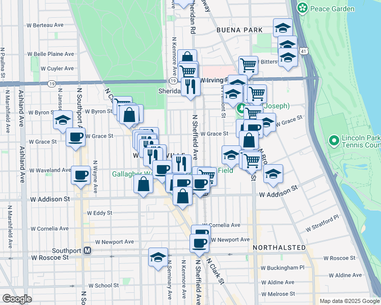 map of restaurants, bars, coffee shops, grocery stores, and more near 3730 North Sheffield Avenue in Chicago