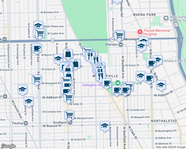 map of restaurants, bars, coffee shops, grocery stores, and more near 3753 North Magnolia Avenue in Chicago