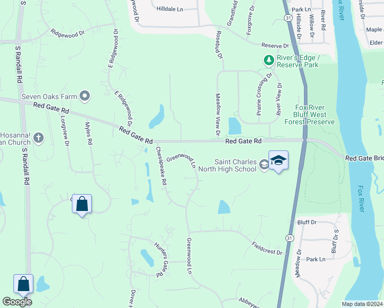 map of restaurants, bars, coffee shops, grocery stores, and more near 3802 Greenwood Lane in St. Charles