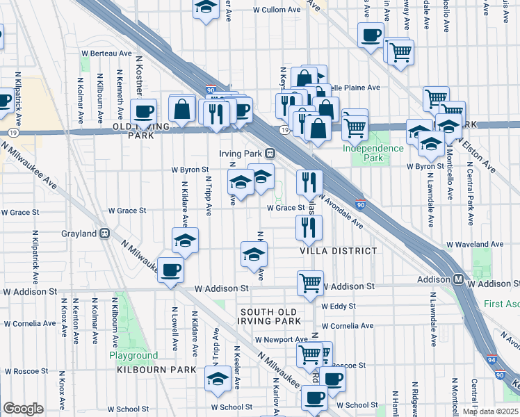 map of restaurants, bars, coffee shops, grocery stores, and more near W Grace St & N Kedvale Ave in Chicago