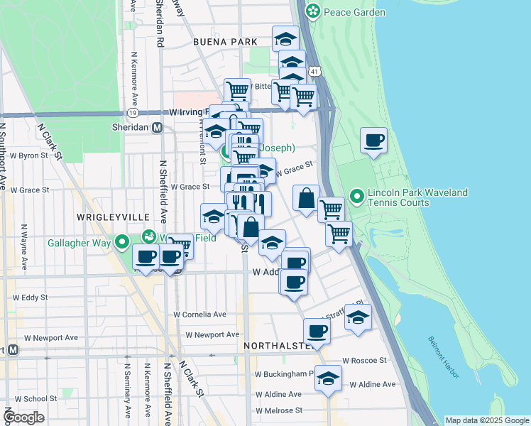 map of restaurants, bars, coffee shops, grocery stores, and more near 3738 North Pine Grove Avenue in Chicago