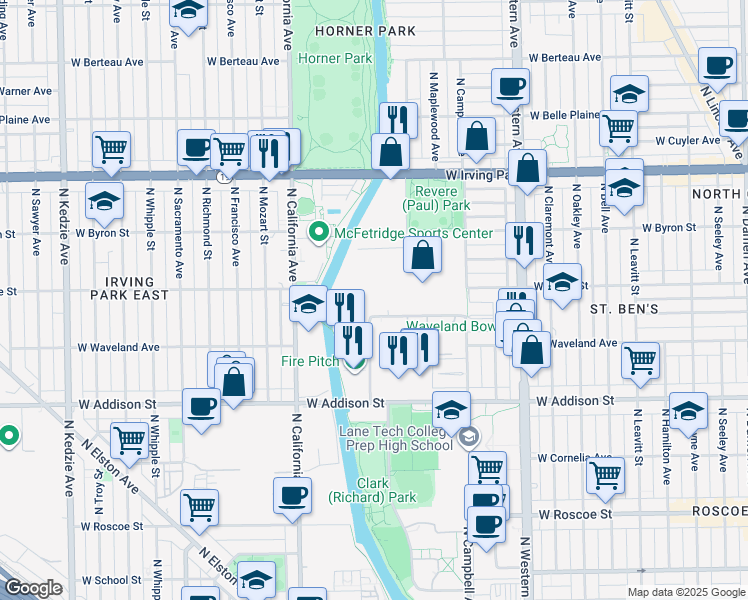 map of restaurants, bars, coffee shops, grocery stores, and more near 2650 West Bradley Place in Chicago