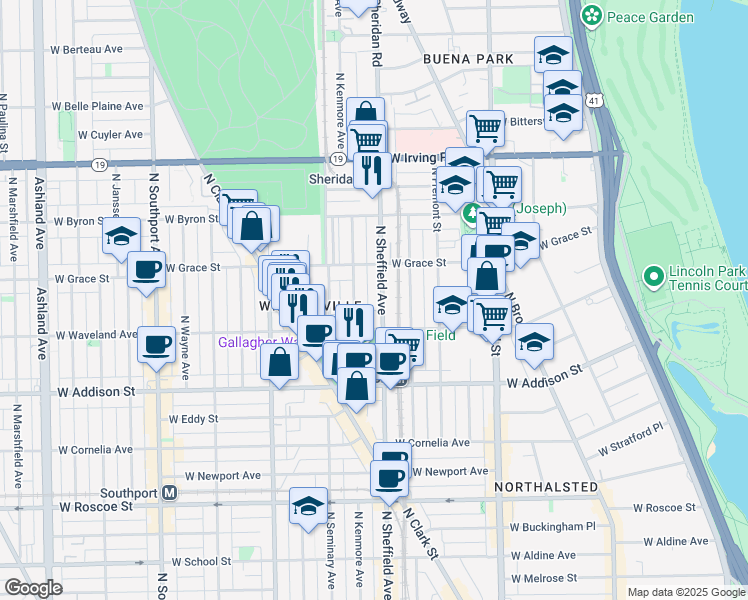 map of restaurants, bars, coffee shops, grocery stores, and more near 3730 North Sheffield Avenue in Chicago
