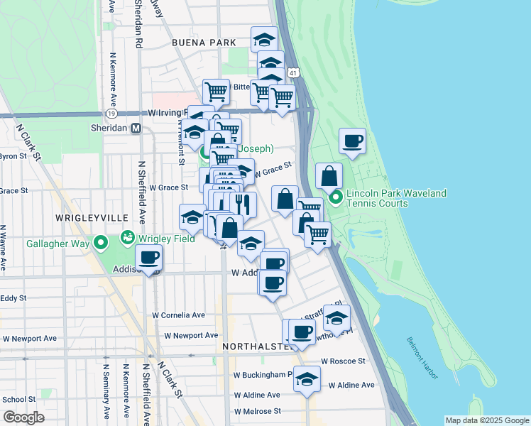 map of restaurants, bars, coffee shops, grocery stores, and more near 3717 North Pine Grove Avenue in Chicago