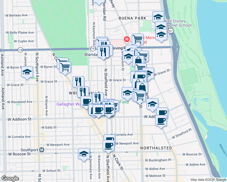 map of restaurants, bars, coffee shops, grocery stores, and more near 3745 North Sheffield Avenue in Chicago
