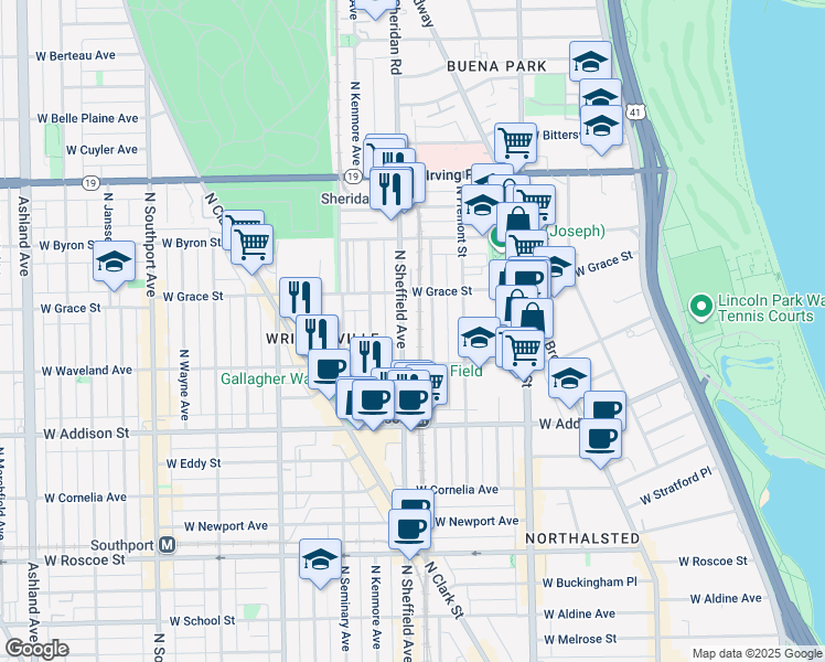 map of restaurants, bars, coffee shops, grocery stores, and more near 3745 North Sheffield Avenue in Chicago