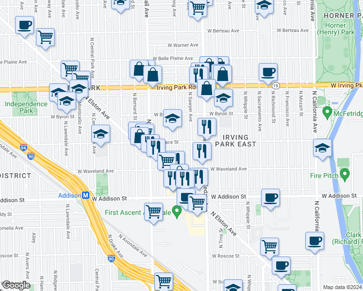 map of restaurants, bars, coffee shops, grocery stores, and more near 3804 North Sawyer Avenue in Chicago