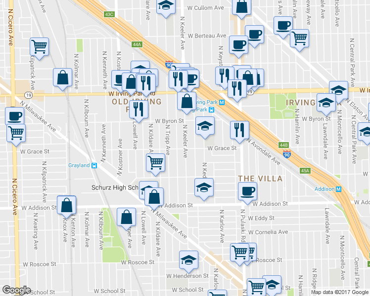 map of restaurants, bars, coffee shops, grocery stores, and more near 3817 North Keeler Avenue in Chicago