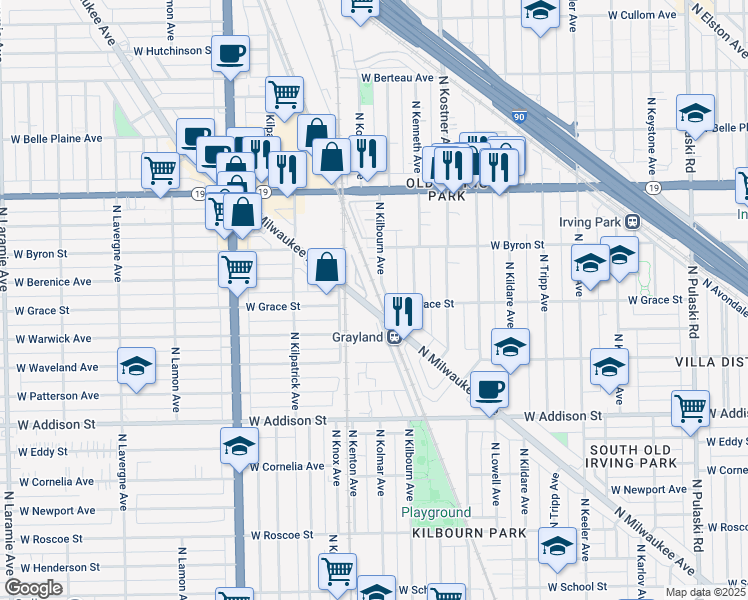 map of restaurants, bars, coffee shops, grocery stores, and more near 3823 North Kilbourn Avenue in Chicago