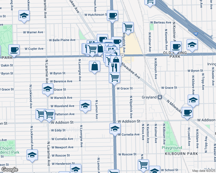 map of restaurants, bars, coffee shops, grocery stores, and more near 4831 West Berenice Avenue in Chicago