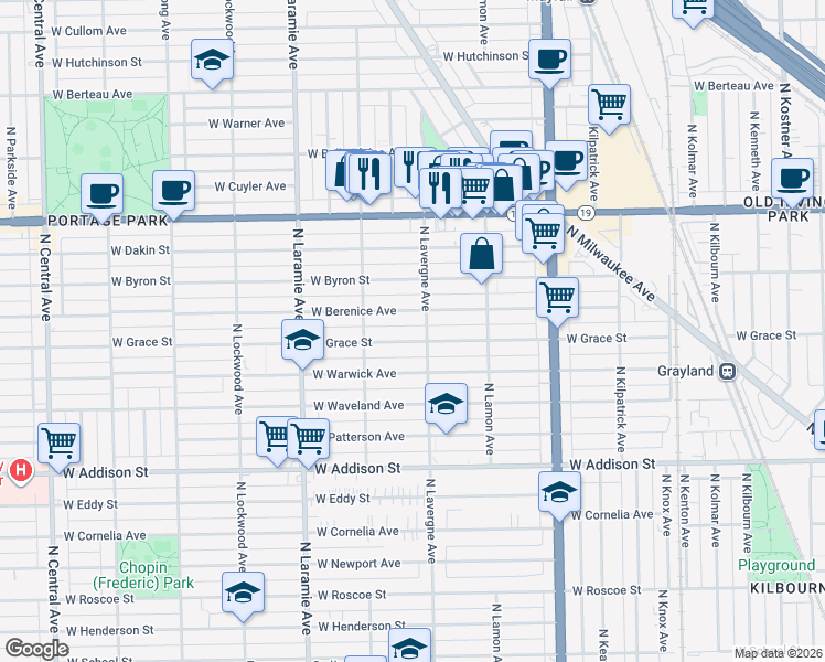 map of restaurants, bars, coffee shops, grocery stores, and more near 5019 West Berenice Avenue in Chicago