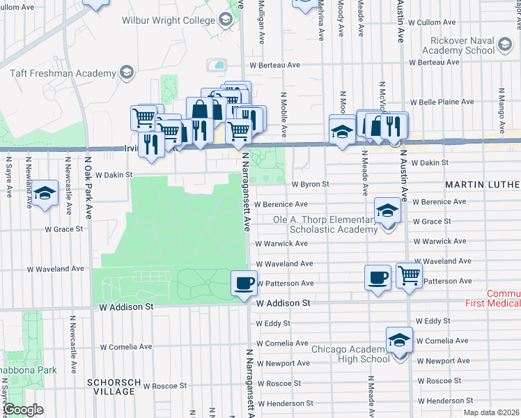 map of restaurants, bars, coffee shops, grocery stores, and more near 3839 North Narragansett Avenue in Chicago