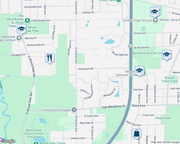map of restaurants, bars, coffee shops, grocery stores, and more near 378 Deerpath Road in Wood Dale