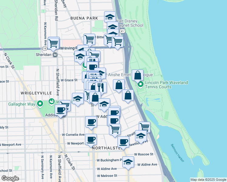 map of restaurants, bars, coffee shops, grocery stores, and more near 3701 North Pine Grove Avenue in Chicago