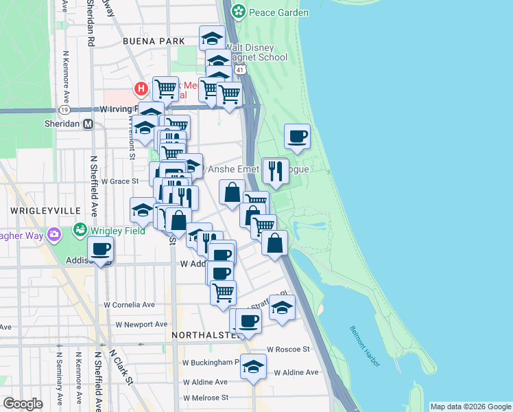map of restaurants, bars, coffee shops, grocery stores, and more near 3642 North Lake Shore Drive in Chicago