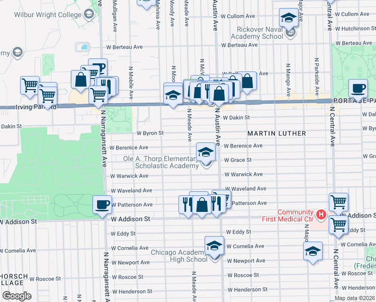 map of restaurants, bars, coffee shops, grocery stores, and more near 6120 West Berenice Avenue in Chicago