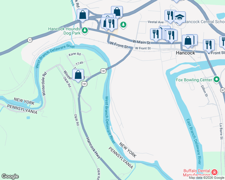 map of restaurants, bars, coffee shops, grocery stores, and more near River Rd in Hancock
