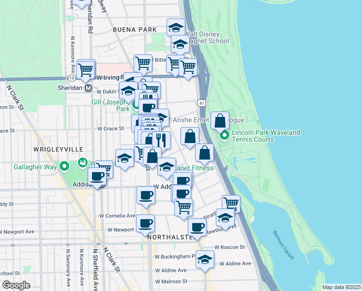 map of restaurants, bars, coffee shops, grocery stores, and more near 3707 North Pine Grove Avenue in Chicago