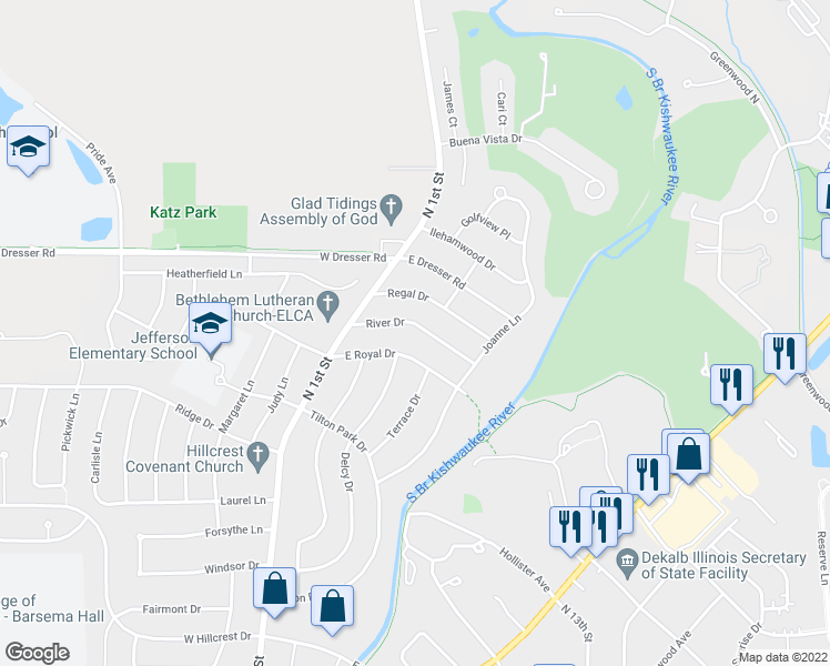 map of restaurants, bars, coffee shops, grocery stores, and more near 306 River Drive in DeKalb