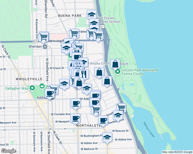 map of restaurants, bars, coffee shops, grocery stores, and more near 642 West Waveland Avenue in Chicago