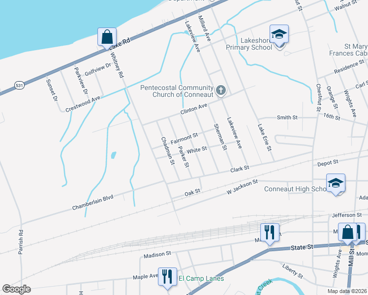 map of restaurants, bars, coffee shops, grocery stores, and more near 546 Parker Street in Conneaut