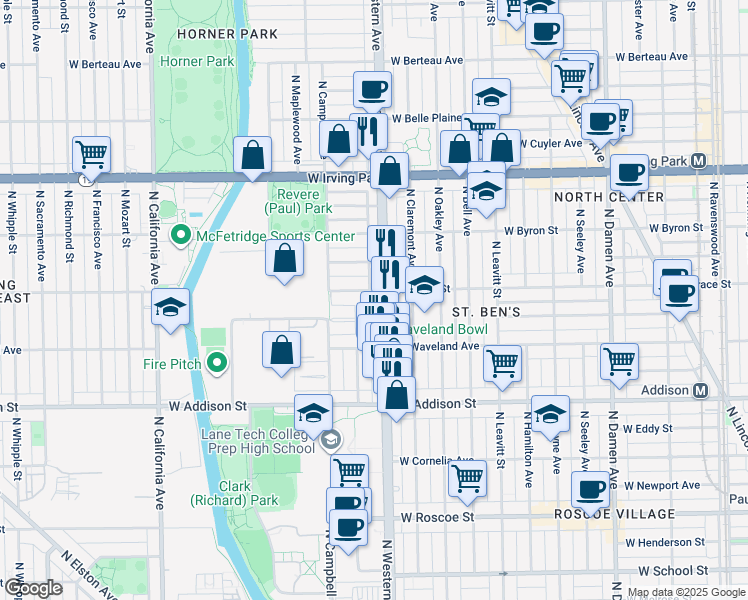 map of restaurants, bars, coffee shops, grocery stores, and more near 3800 North Western Avenue in Chicago