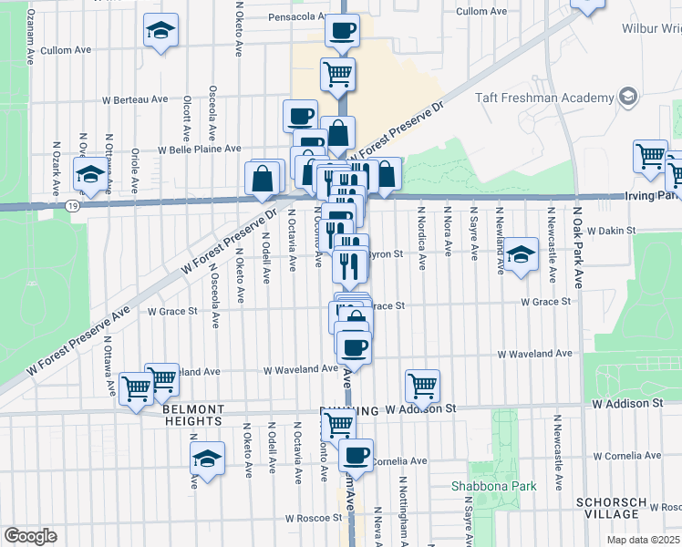 map of restaurants, bars, coffee shops, grocery stores, and more near 3857 North Harlem Avenue in Chicago
