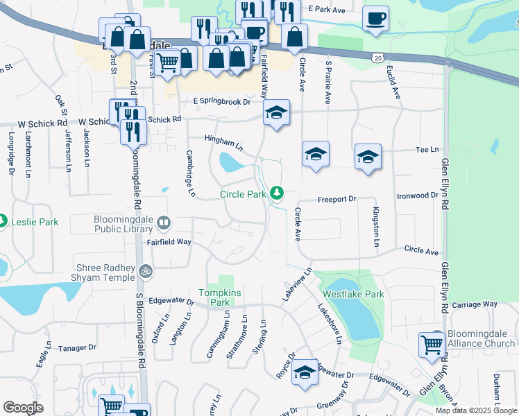 map of restaurants, bars, coffee shops, grocery stores, and more near 183 Salem Court in Bloomingdale