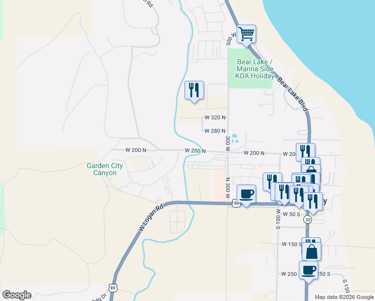 map of restaurants, bars, coffee shops, grocery stores, and more near 145 North 300 West in Garden City