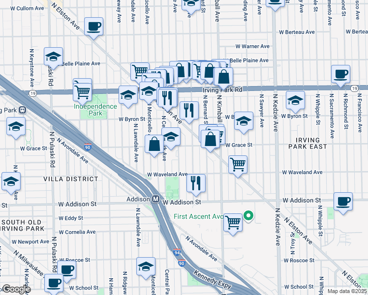 map of restaurants, bars, coffee shops, grocery stores, and more near 3517 West Grace Street in Chicago