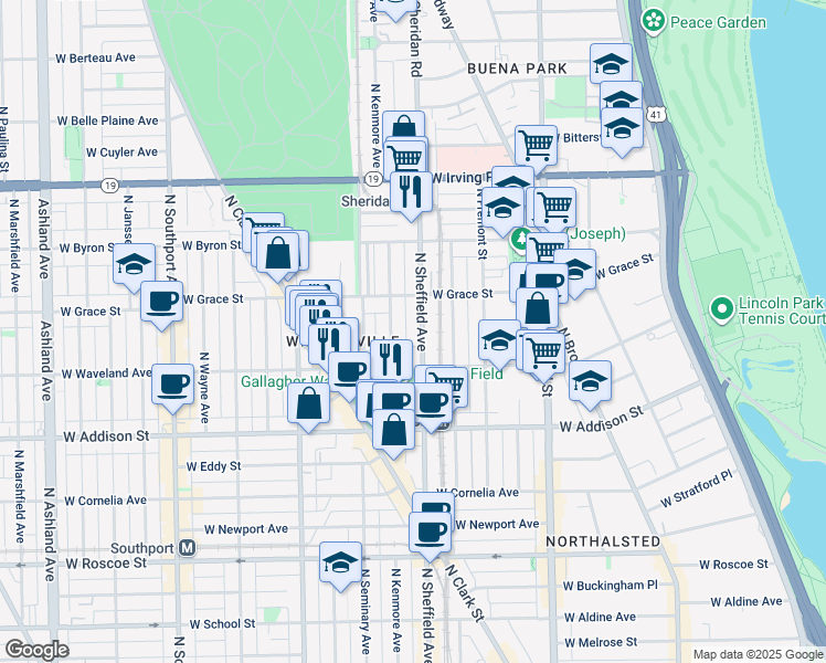map of restaurants, bars, coffee shops, grocery stores, and more near 3734 North Sheffield Avenue in Chicago