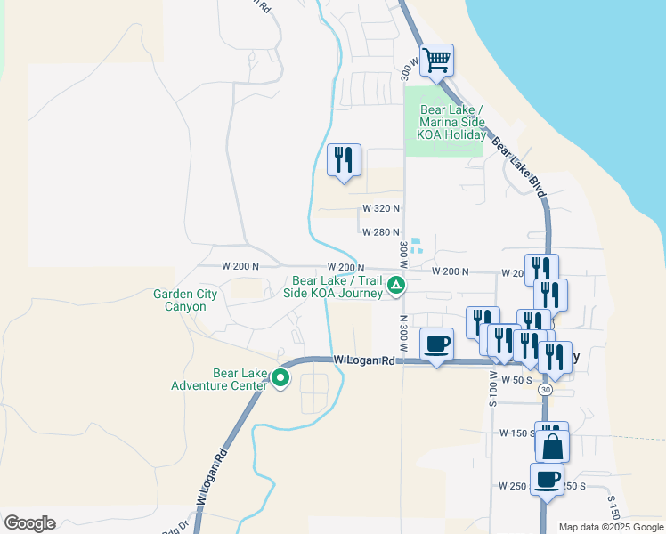 map of restaurants, bars, coffee shops, grocery stores, and more near 345 West Elk Ridge Road in Garden City
