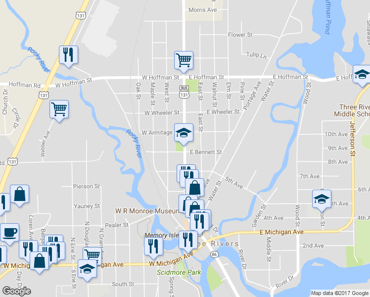 map of restaurants, bars, coffee shops, grocery stores, and more near 415 North Main Street in Three Rivers