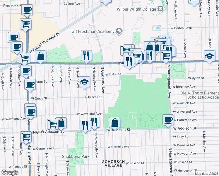 map of restaurants, bars, coffee shops, grocery stores, and more near 6728 West Byron Street in Chicago